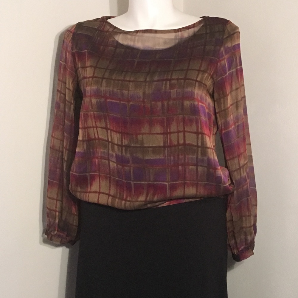 NY & Co Sheer LS Pullover Blouse Brown Purple Sz L
